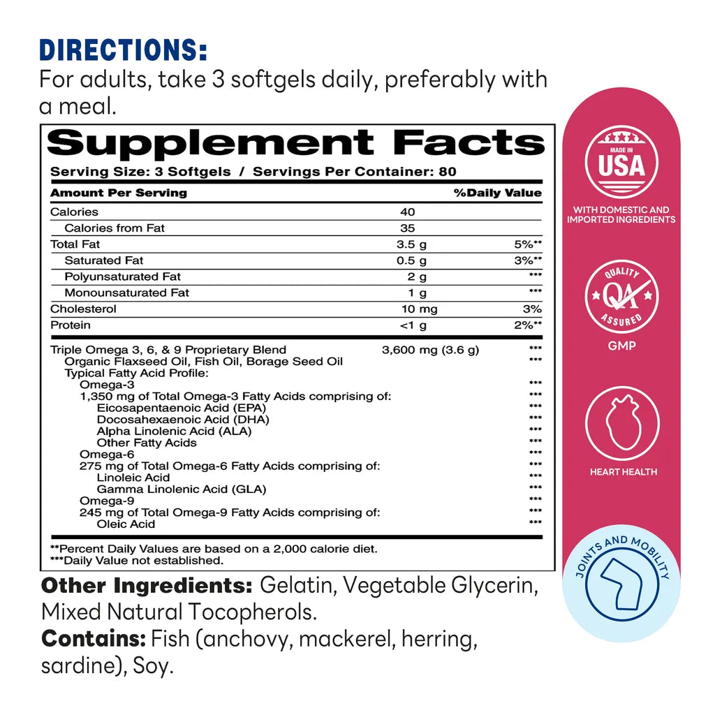 Omega 3,6,9 Fish, Flax & Borage Oils 240ct Softgels – Supplement Facts