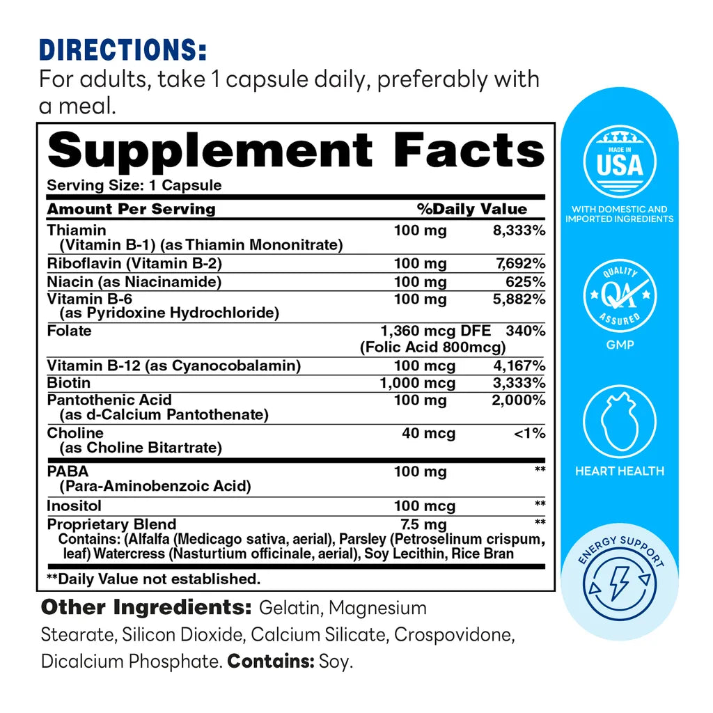 B-Complex 100 200ct Capsules – Supplement Facts