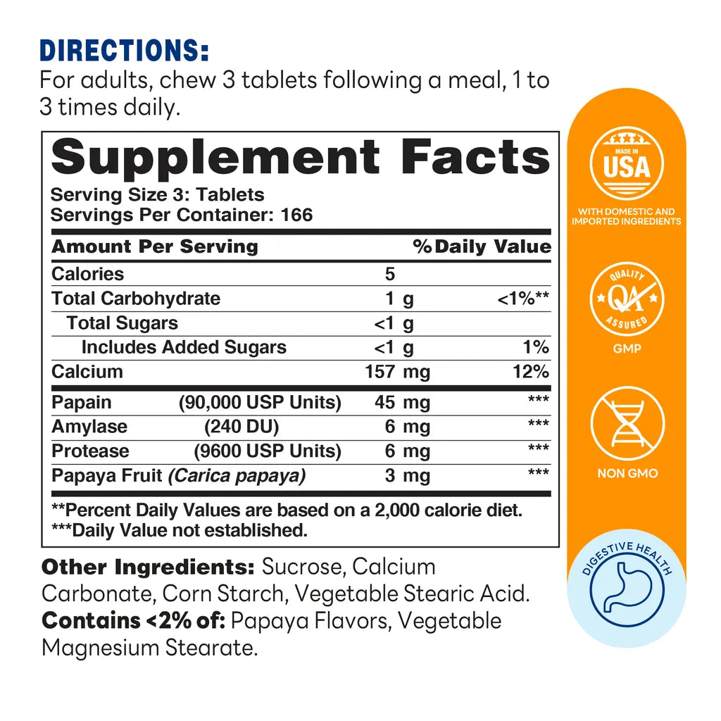 Papaya Enzyme Chewable 500ct Tablets – Supplement Facts