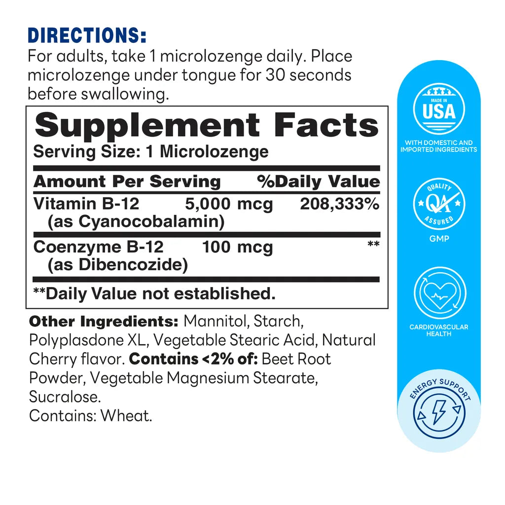 B-12 5000mcg Sublingual 60ct Microlozenges – Supplement Facts