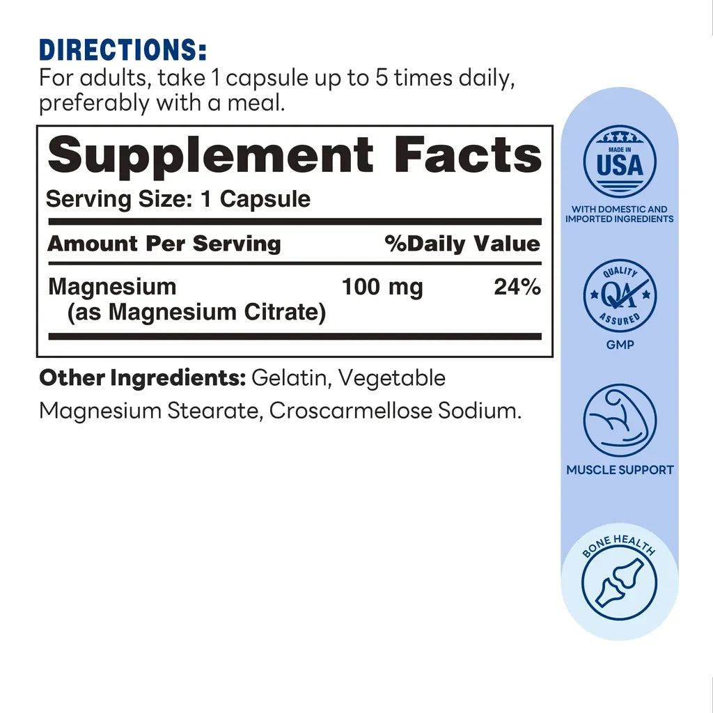 Magnesium Citrate 100mg 100ct Capsules – Supplement Facts