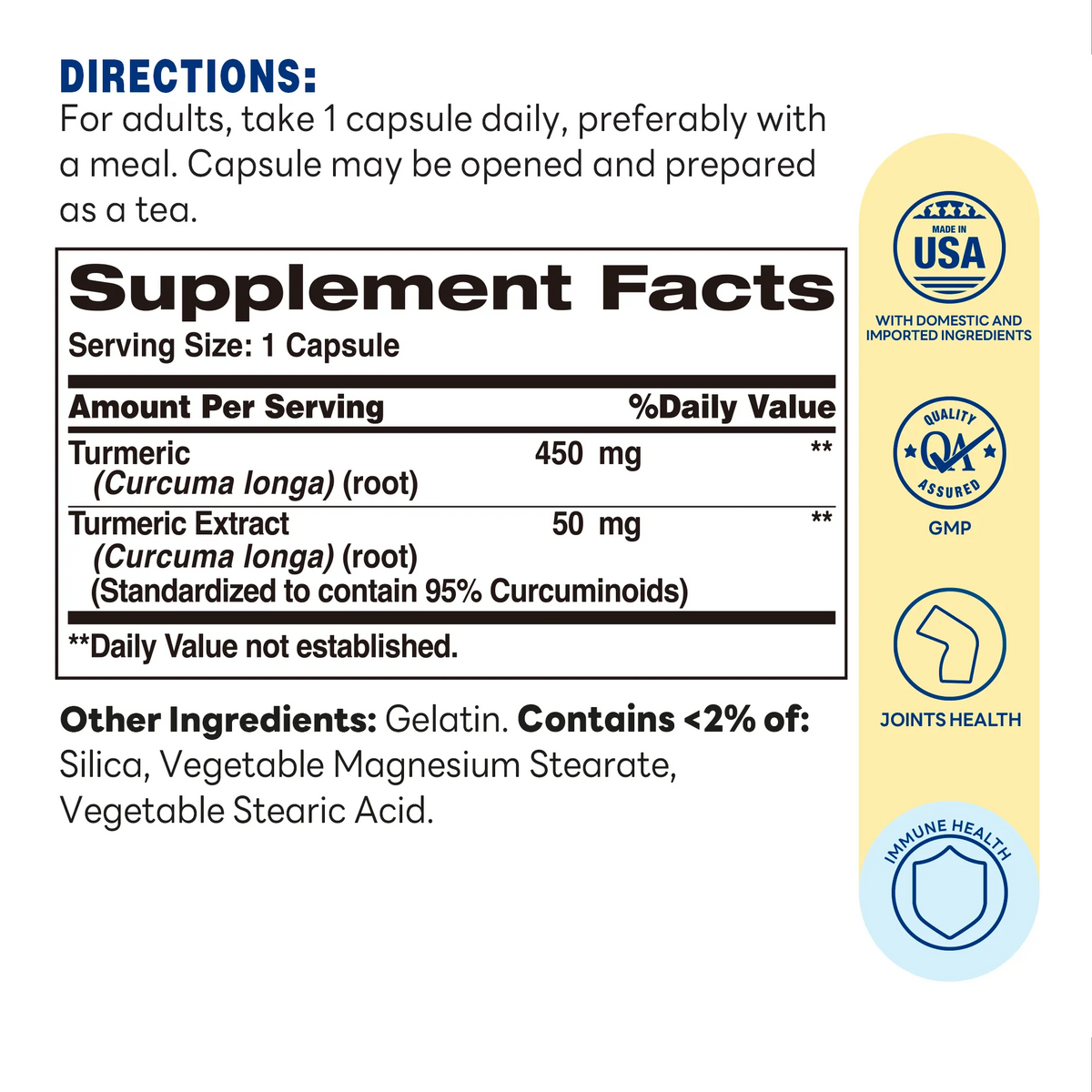 Turmeric Curcumin 500mg 90ct Capsules – Supplement Facts