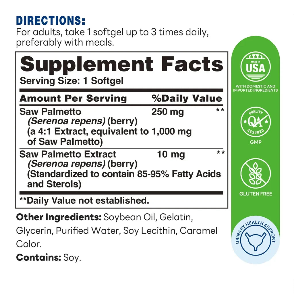 Saw Palmetto 1000mg 90ct Softgels – Supplement Facts