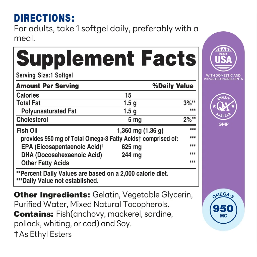 Omega-3 Fish Oil 1360mg Triple Strength 180ct Softgels – Supplement Facts