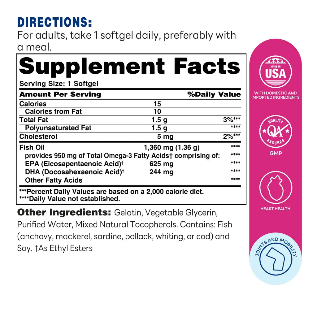 Omega-3 Fish Oil 1360mg 120ct Softgels – Supplement Facts