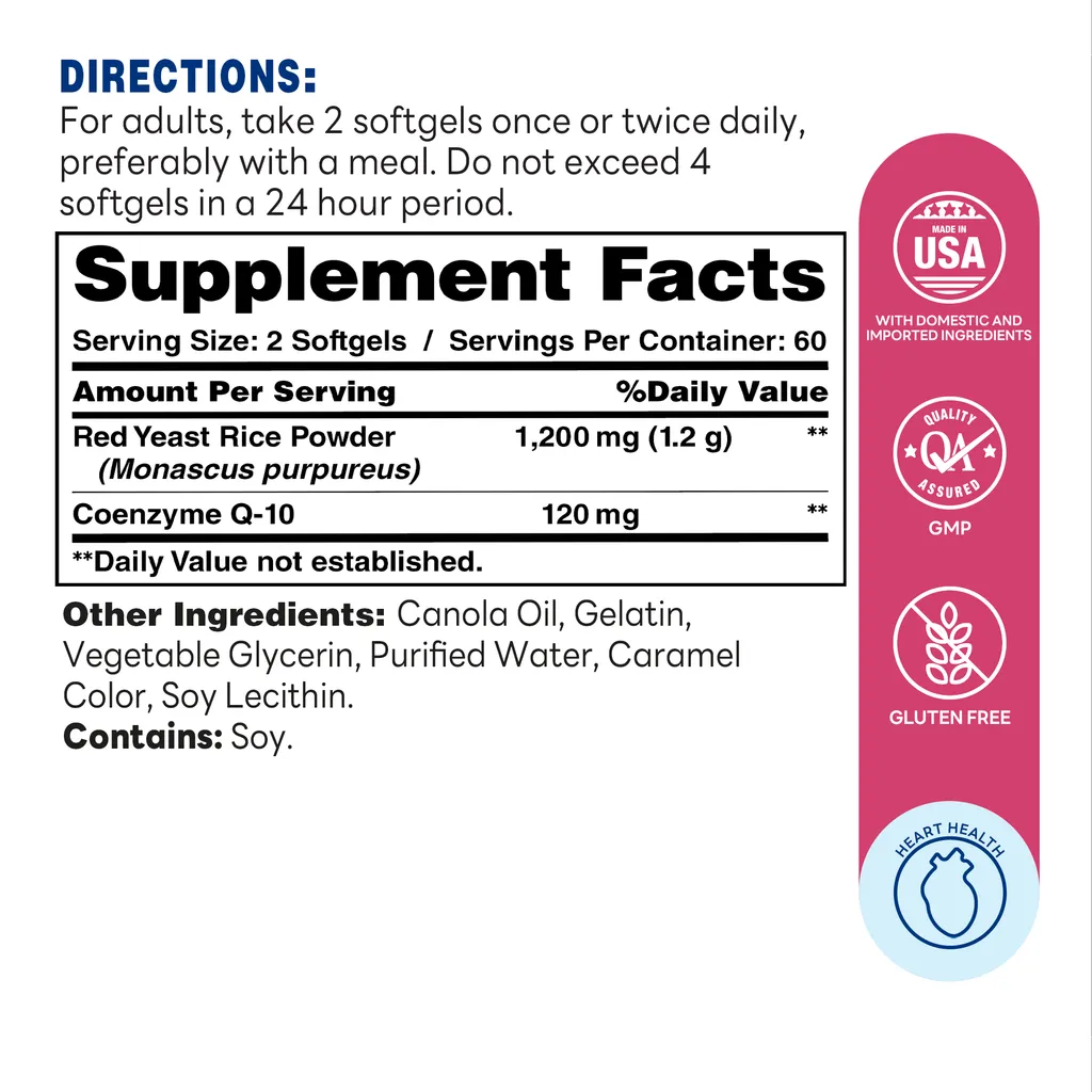 Co Q-10 Plus Red Yeast Rice 120ct Softgels – Supplement Facts