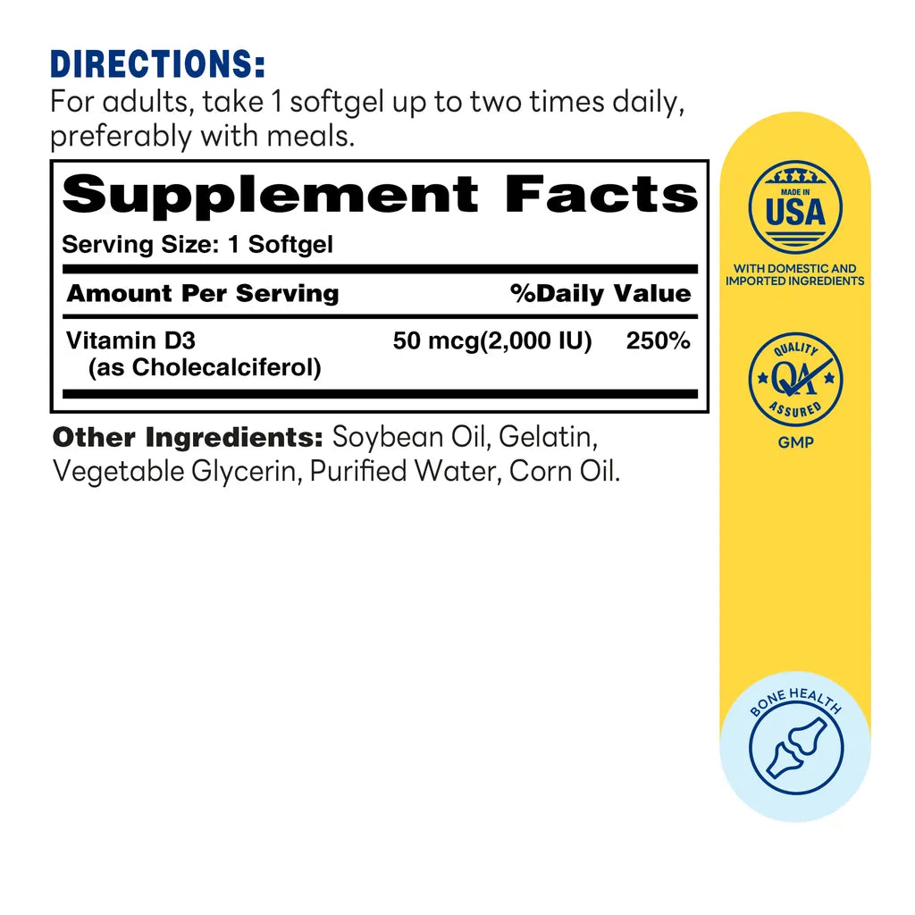 Vitamin D3 50mcg (2000 IU) 250ct Softgels – Supplement Facts