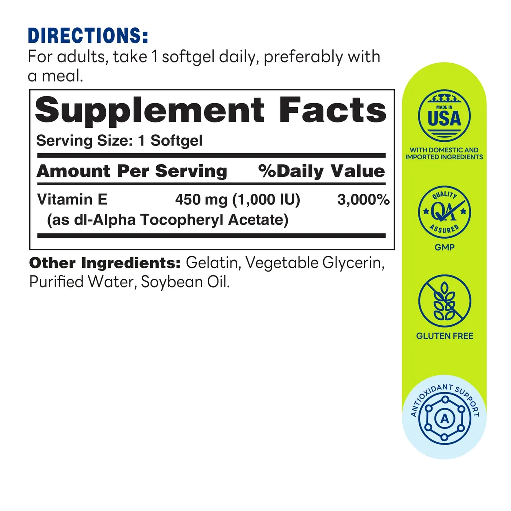 E 450mg (1,000IU) 100ct Softgels – Supplement Facts