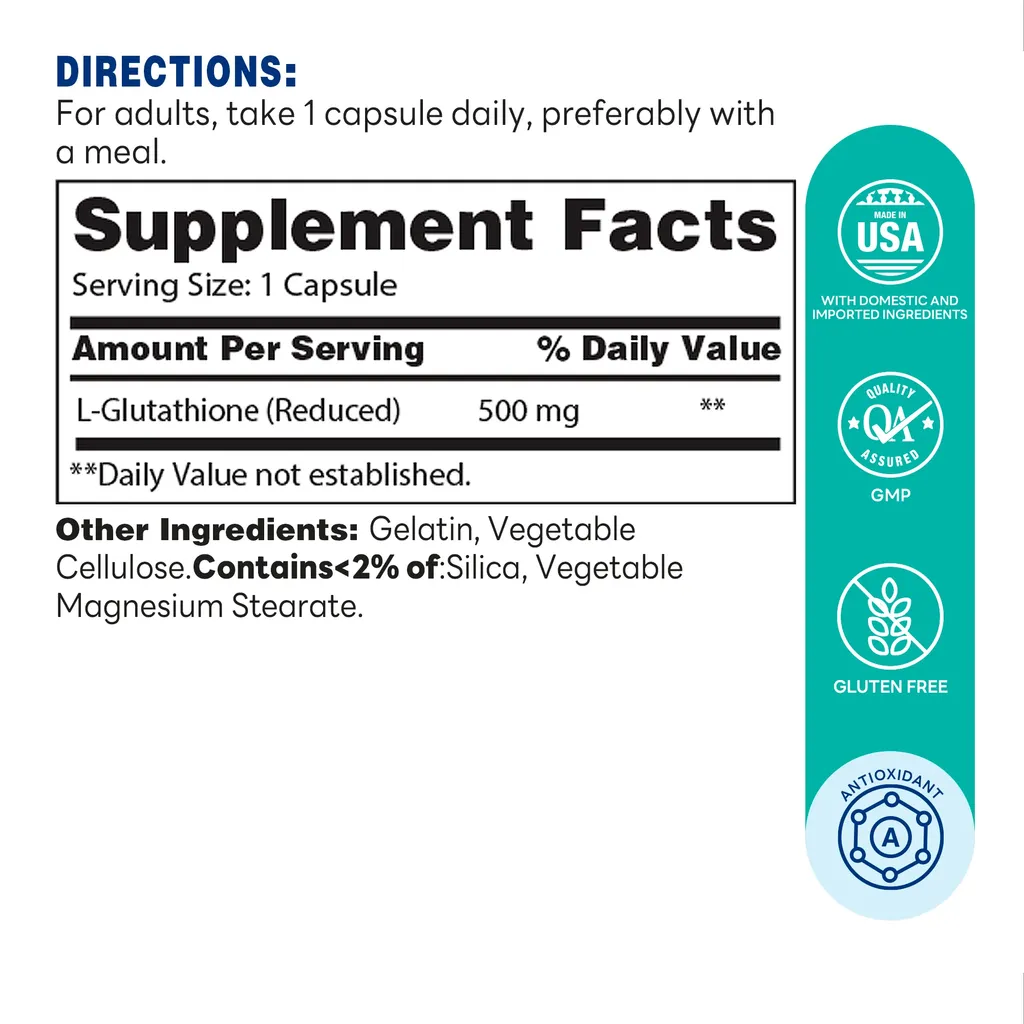 L-Glutathione 500mg 30ct Capsules – Supplement Facts