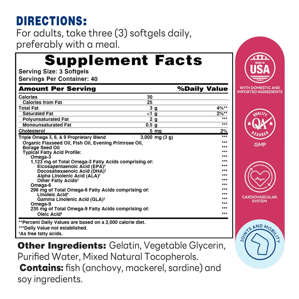 Omega 3,6,9 Fish, Flax & Borage Oils 120ct Softgels – Supplement Facts