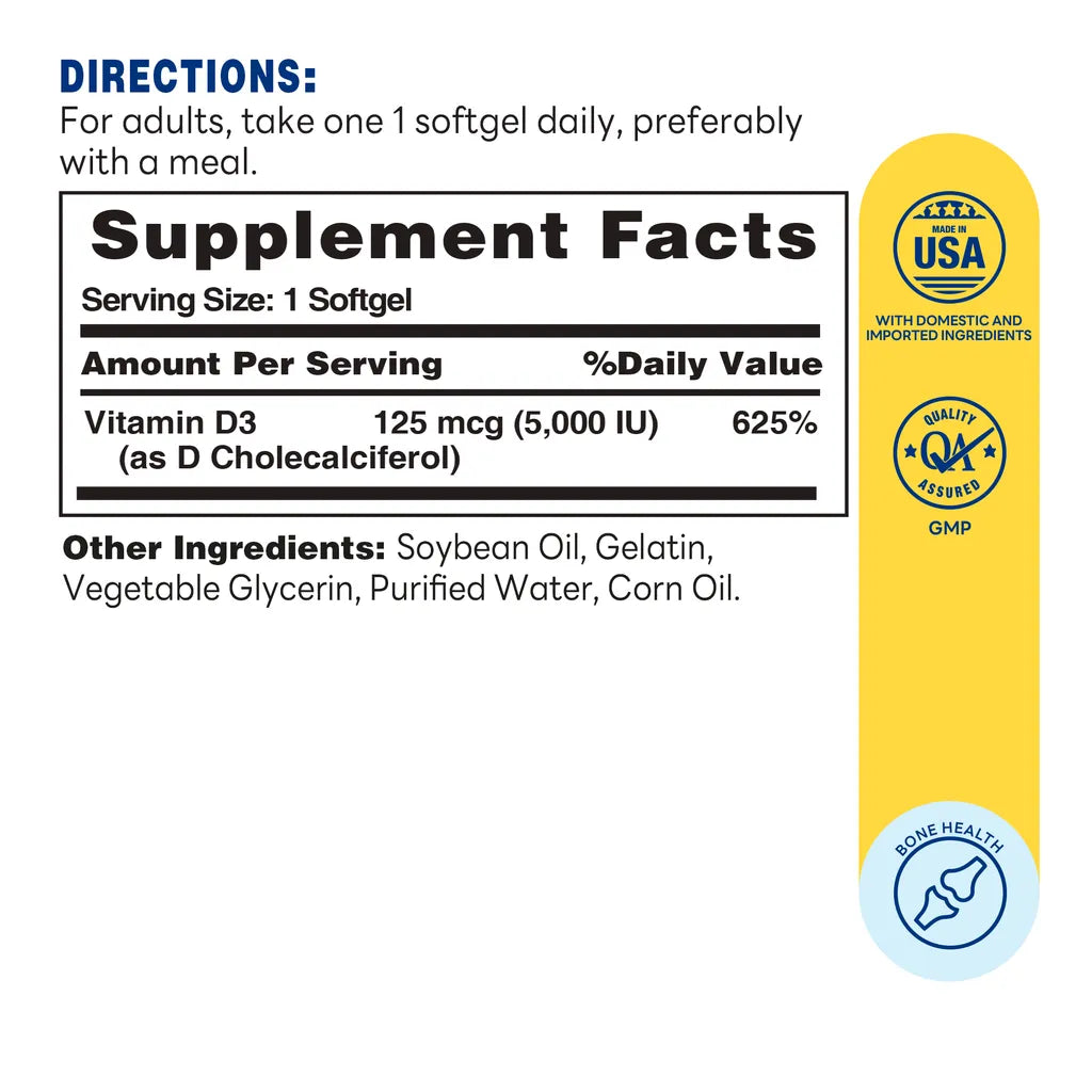 D3 125mcg (5000 IU) 100ct Softgels – Supplement Facts