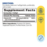 D3 125mcg (5000 IU) 100ct Softgels – Supplement Facts