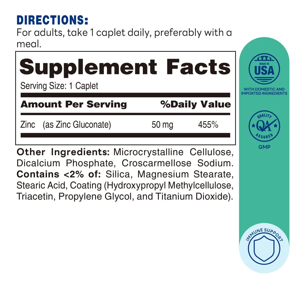 Chelated Zinc 50mg 250ct Caplets – Supplement Facts