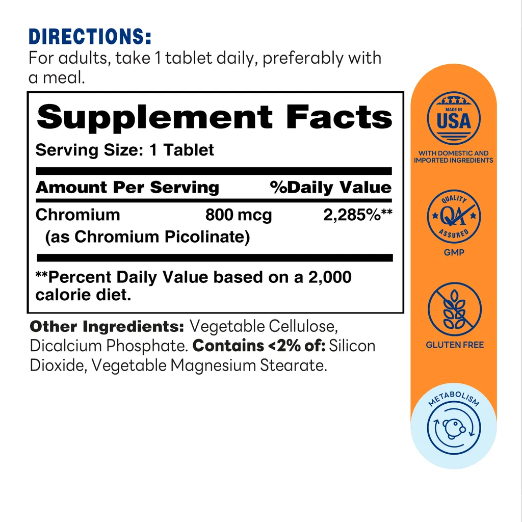 Chromium Picolinate 800mcg 180ct Tablets – Supplement Facts