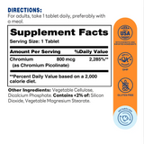 Chromium Picolinate 800mcg 180ct Tablets – Supplement Facts