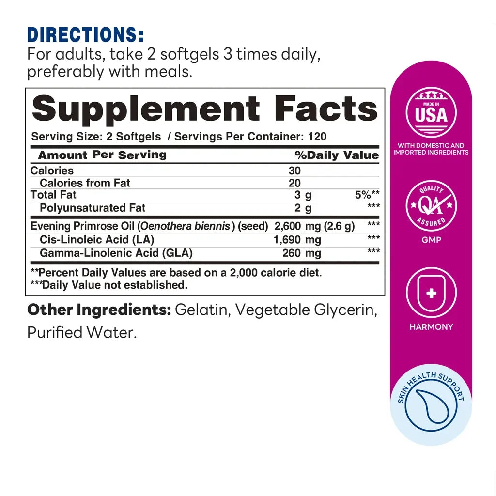 Evening Primrose Oil 1300mg 240ct Softgels – Supplement Facts