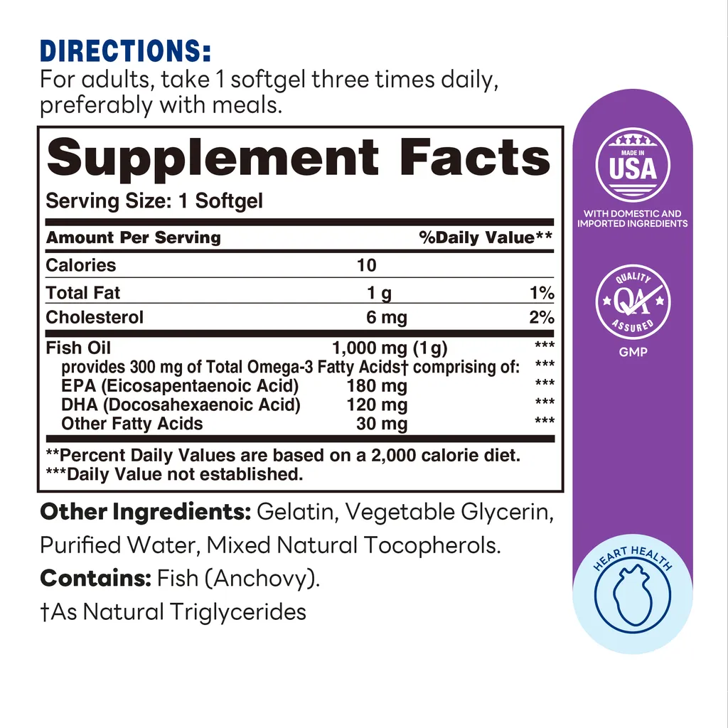 Omega-3 Fish Oil 1000mg 100ct Softgels – Supplement Facts