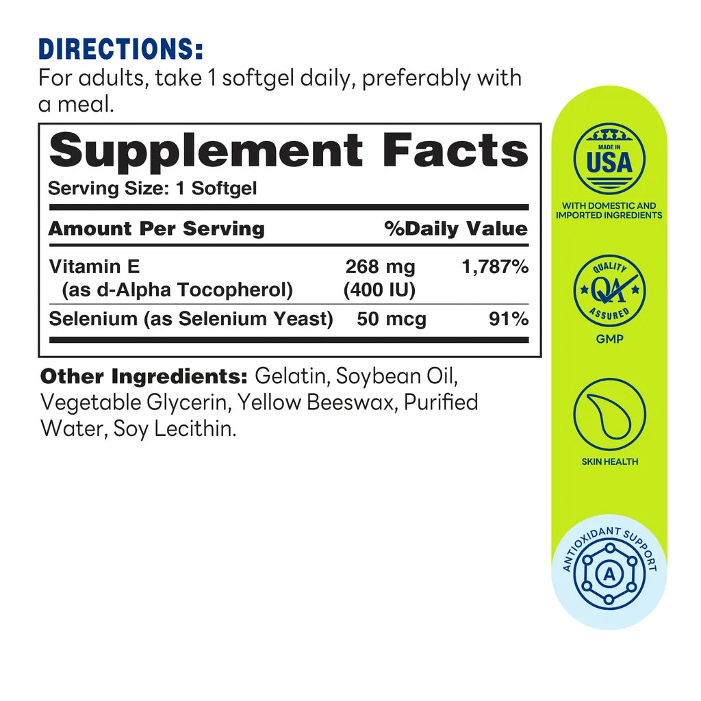 E 268mg (400 IU) with Selenium 250ct Softgels – Supplement Facts