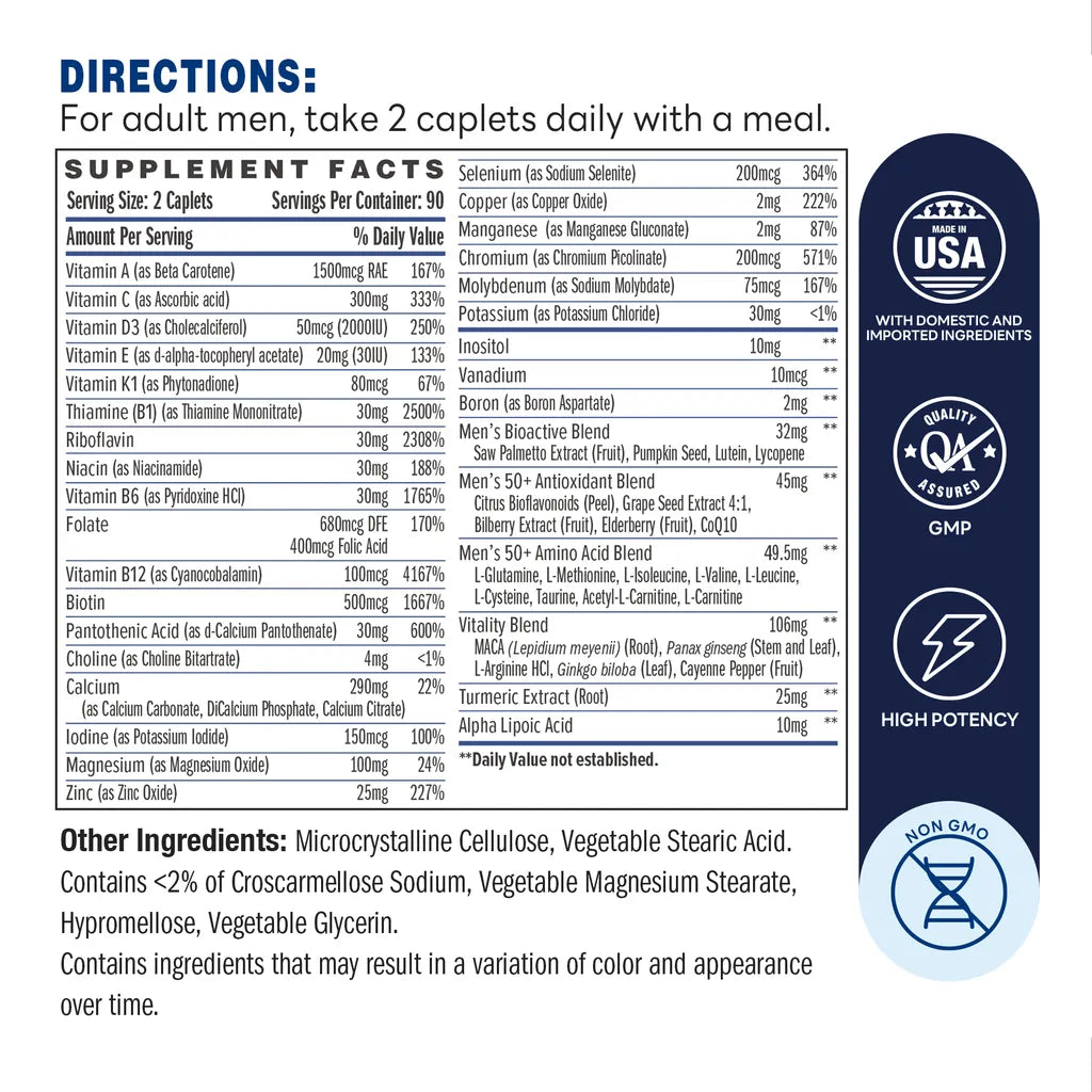 Ultra 360 Men's Multi 50 Plus 180ct Caplets – Supplement Facts