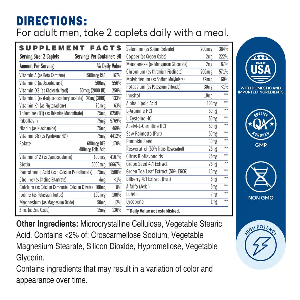 Ultra 360 Men's Multi Max 180ct Caplets – Supplement Facts