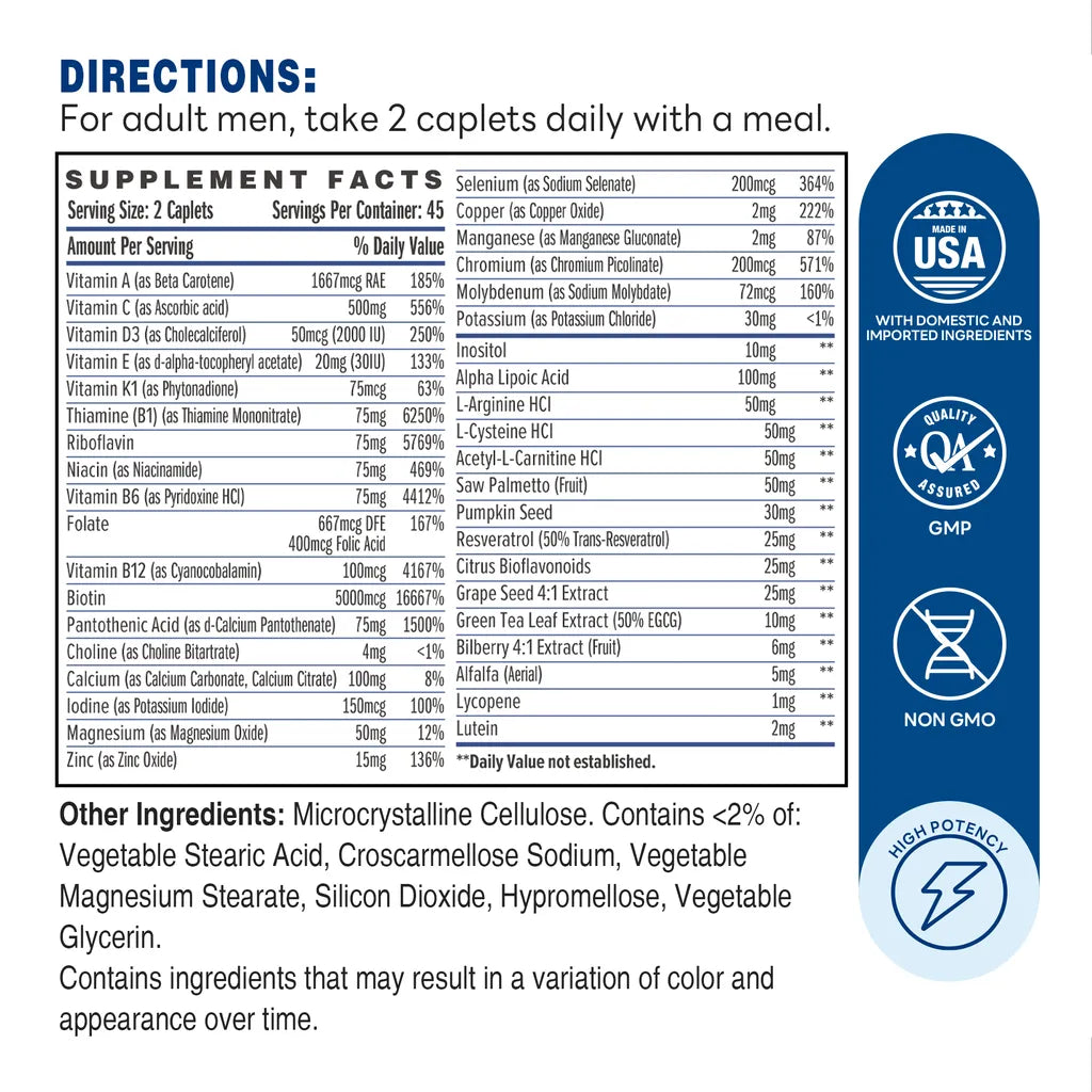 Ultra 360 Men's Multi Max 90ct Caplets – Supplement Facts