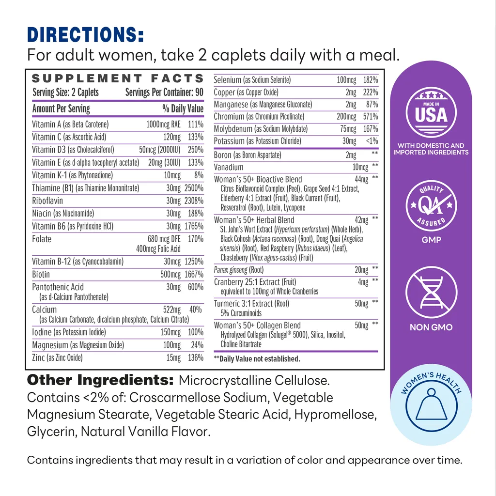 Ultra 360 Women's Multi 50 Plus 180ct Caplets – Supplement Facts