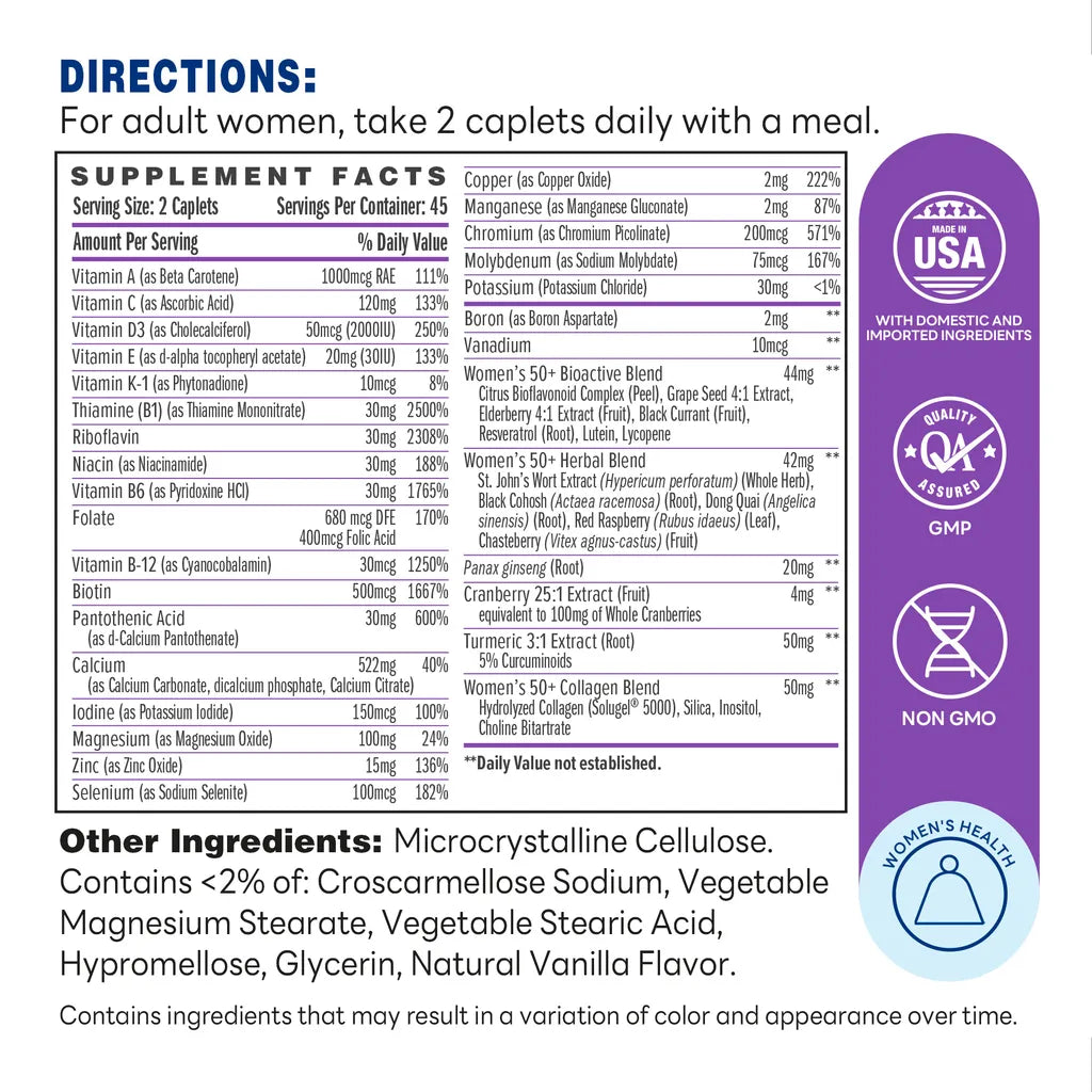 Ultra 360 Women's Multi 50 Plus 90ct Caplets – Supplement Facts