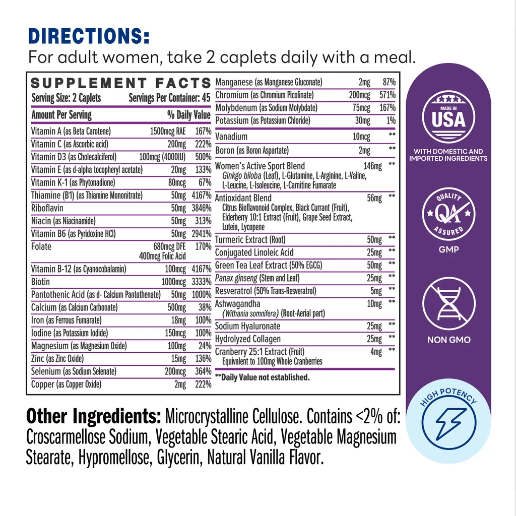 Ultra 360 Women's Multi Active 90ct Caplets – Supplement Facts