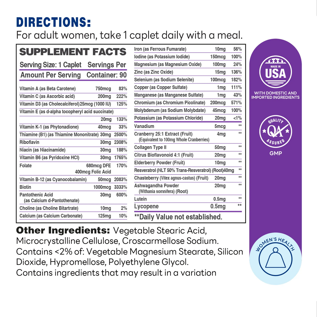 Ultra 360 Women's Multi One Daily 90ct Caplets – Supplement Facts