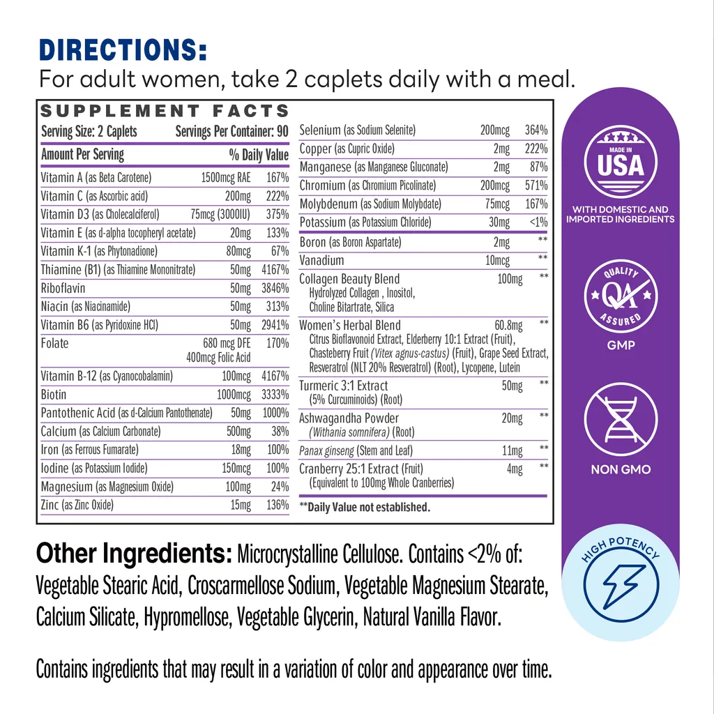 Ultra 360 Women's Multi 180ct Caplets – Supplement Facts