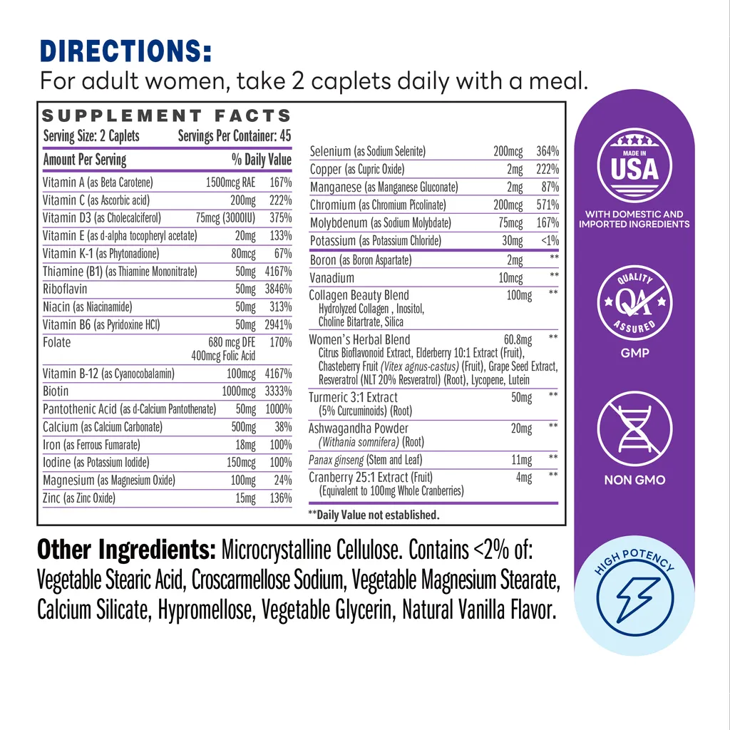 Ultra 360 Women's Multi 90ct Caplets – Supplement Facts