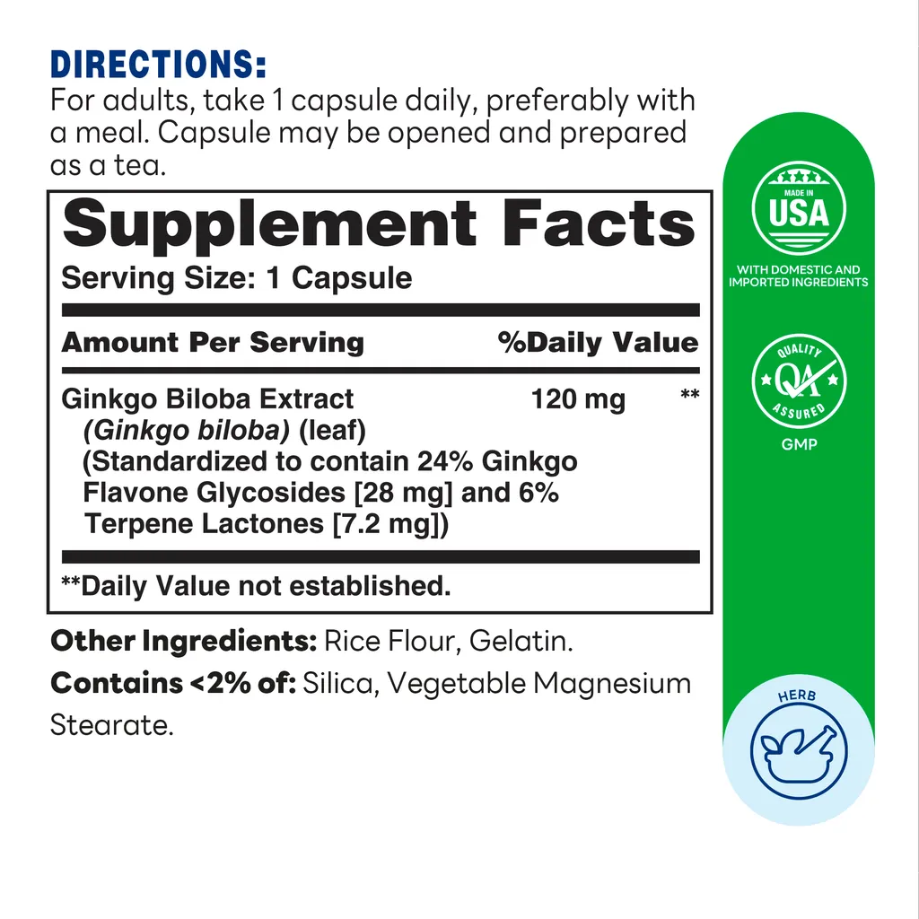 Ginkgo Biloba 120mg 100ct Capsules – Supplement Facts