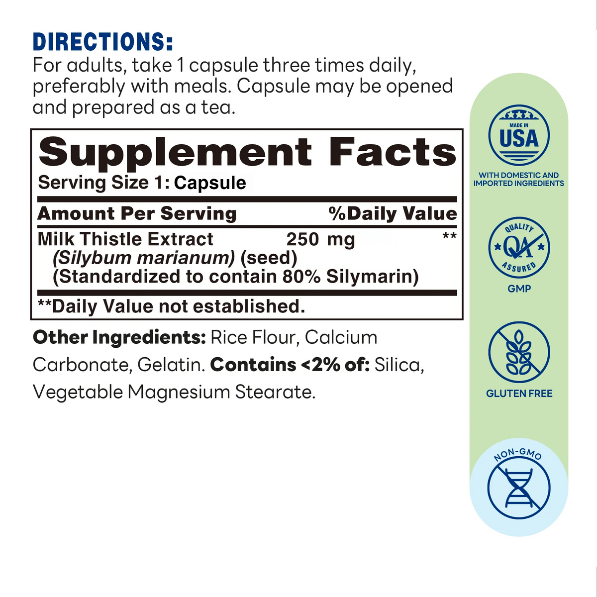 Milk Thistle 250mg 100ct Capsules – Supplement Facts
