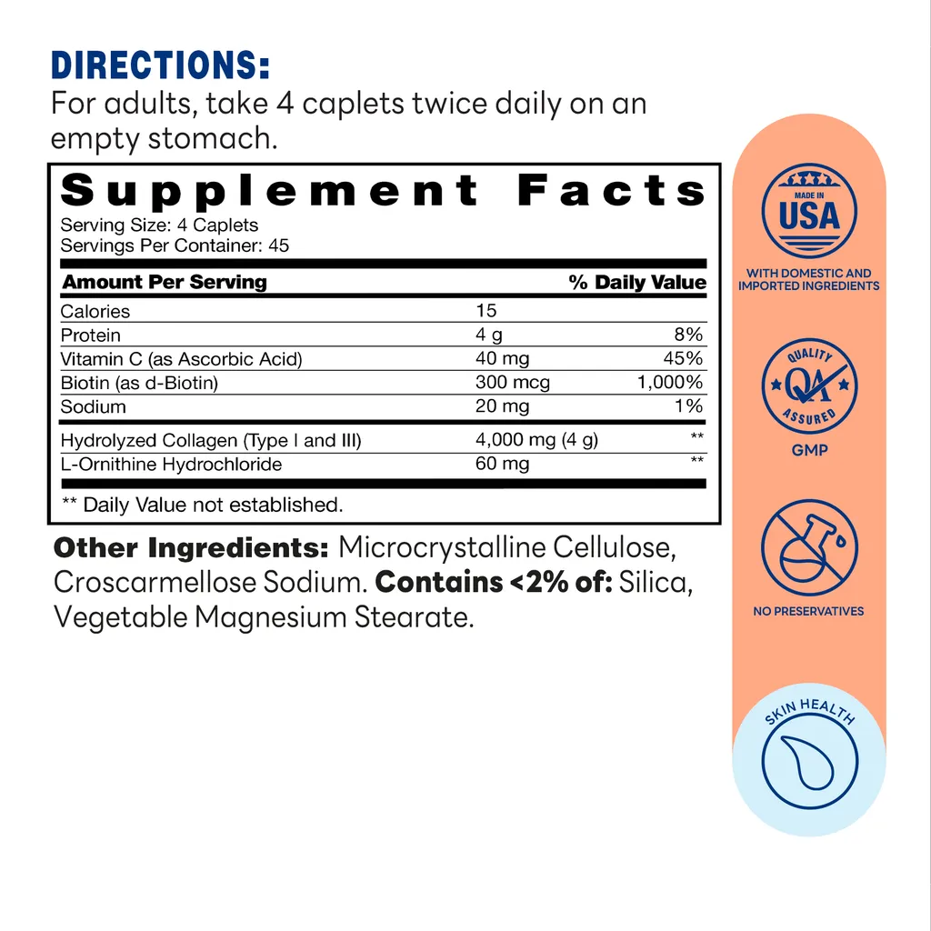 Collagen Peptides Type I & III Hydrolyzed Collagen W/ Vitamin C & Biotin 180ct Caplets – Supplement Facts