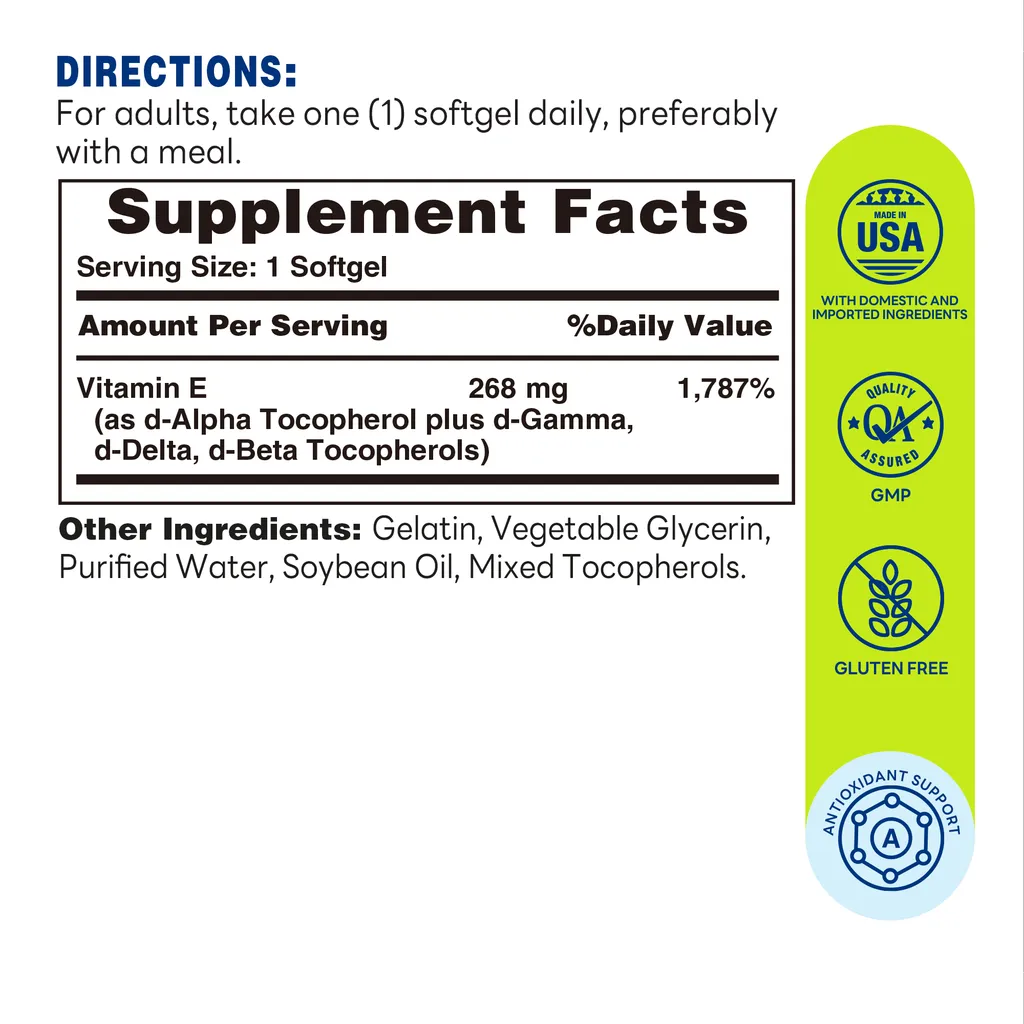 Natural Vitamin E 268mg (400 IU) 250ct Softgels – Supplement Facts