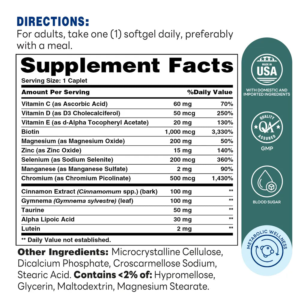 High Potency Blood Sugar Support 120ct Caplets – Supplement Facts