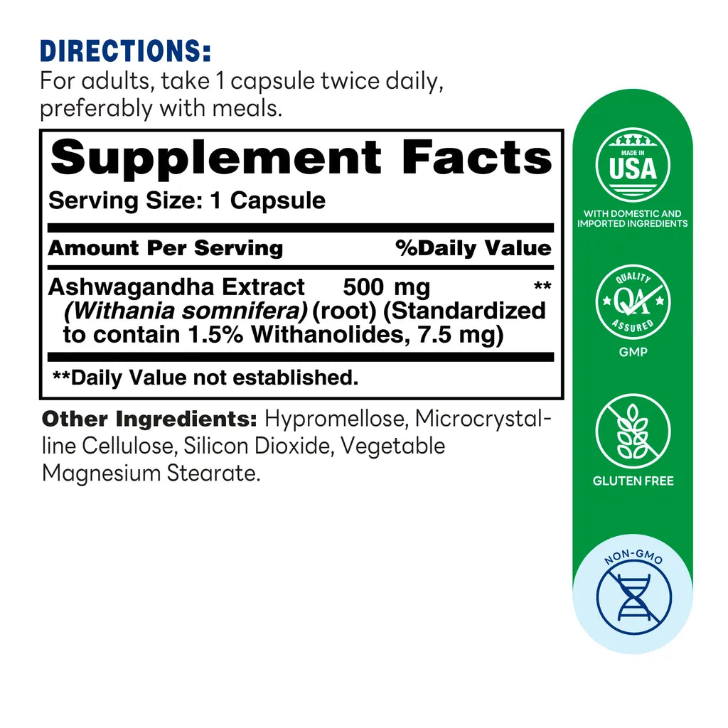Ashwagandha Extract 500mg 60ct Capsules – Supplement Facts