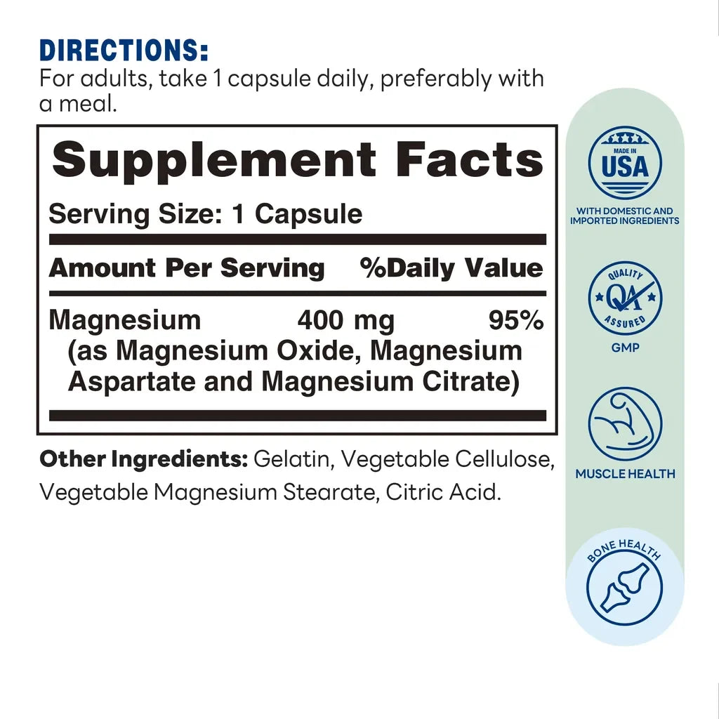 Magnesium Complex 400mg 60ct Capsules – Supplement Facts