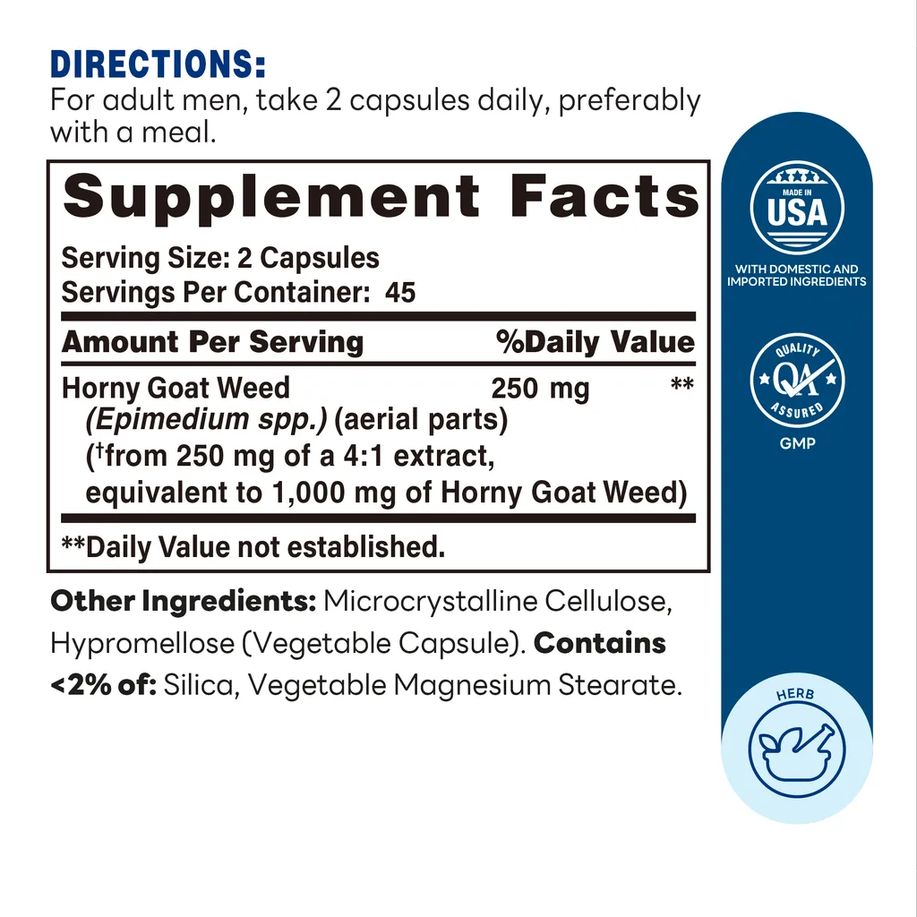 Horny Goat Weed 1000mg 90ct Capsules – Supplement Facts