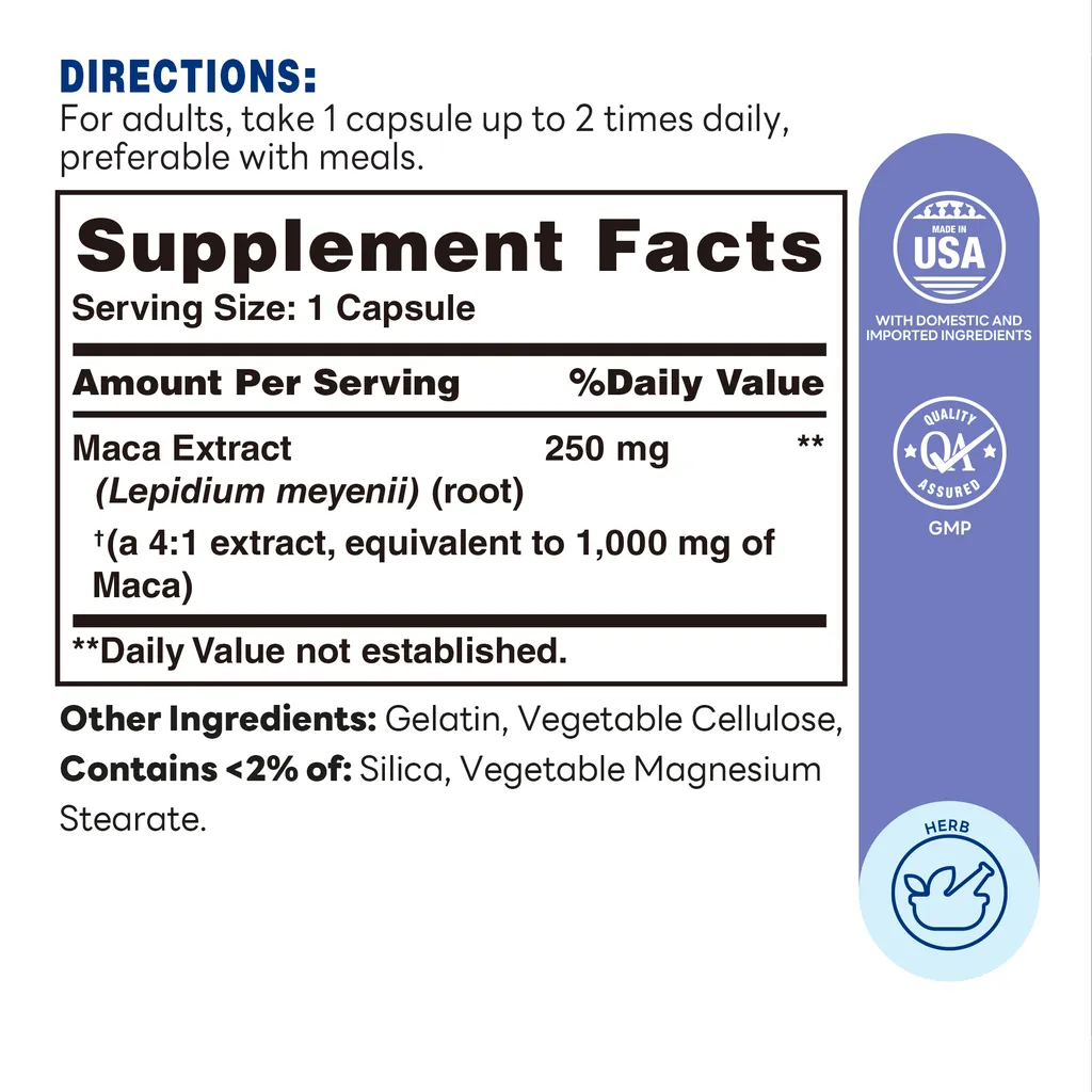 Maca Extract 1000mg 60ct Capsules – Supplement Facts