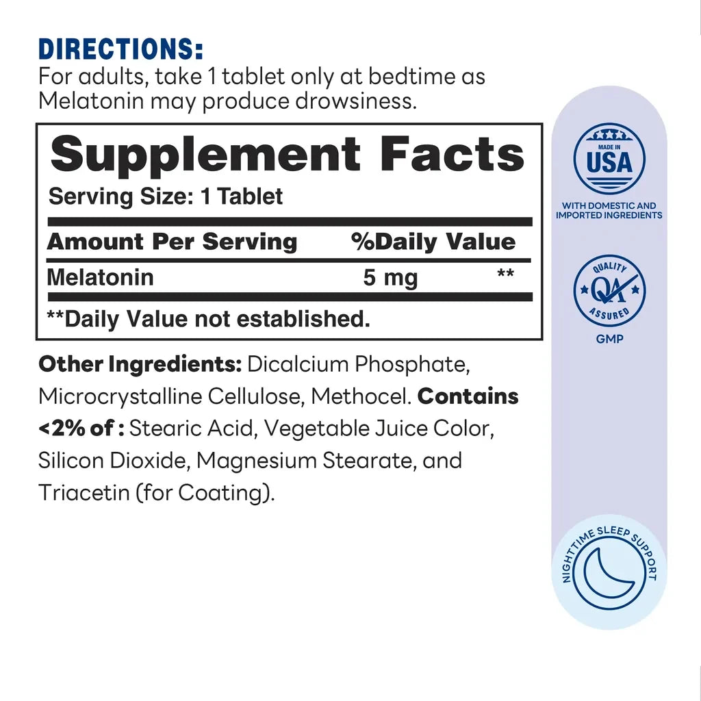 Melatonin 5mg Bi-Layered 60ct Tablets – Supplement Facts