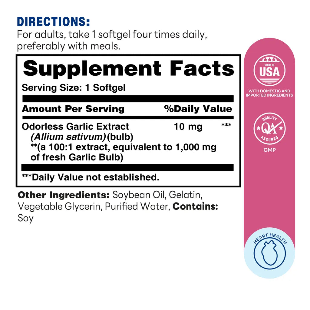 Odorless Garlic 1000mg 100ct Softgels – Supplement Facts