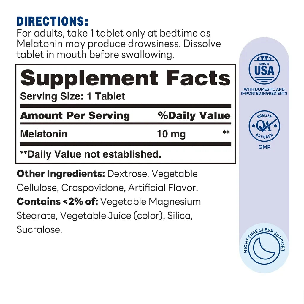 Melatonin 10mg 90ct Tablets – Supplement Facts