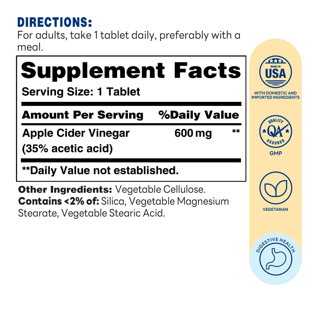 Apple Cider Vinegar 600mg 200ct Tablets – Supplement Facts