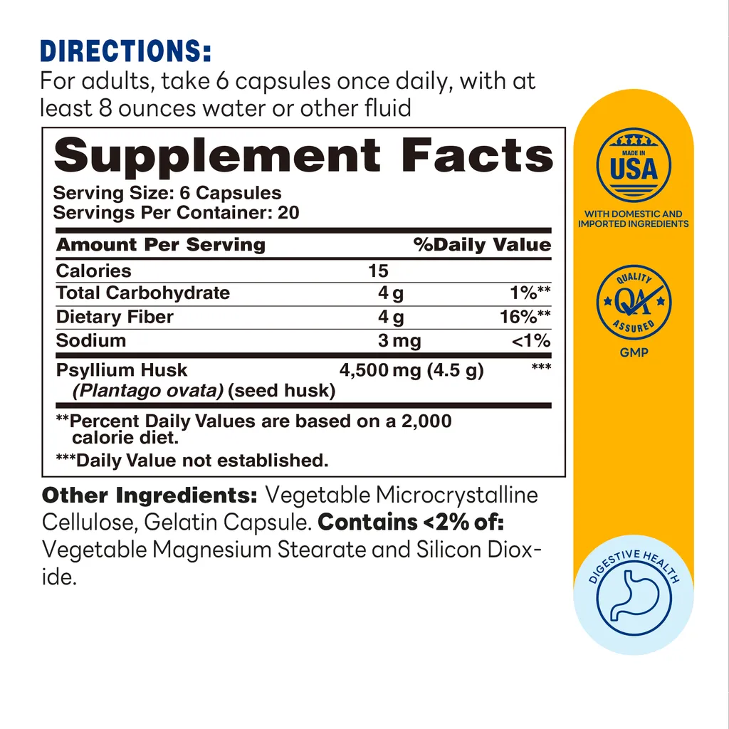 Psyllium Seed Husk 4500mg 120ct Capsules – Supplement Facts