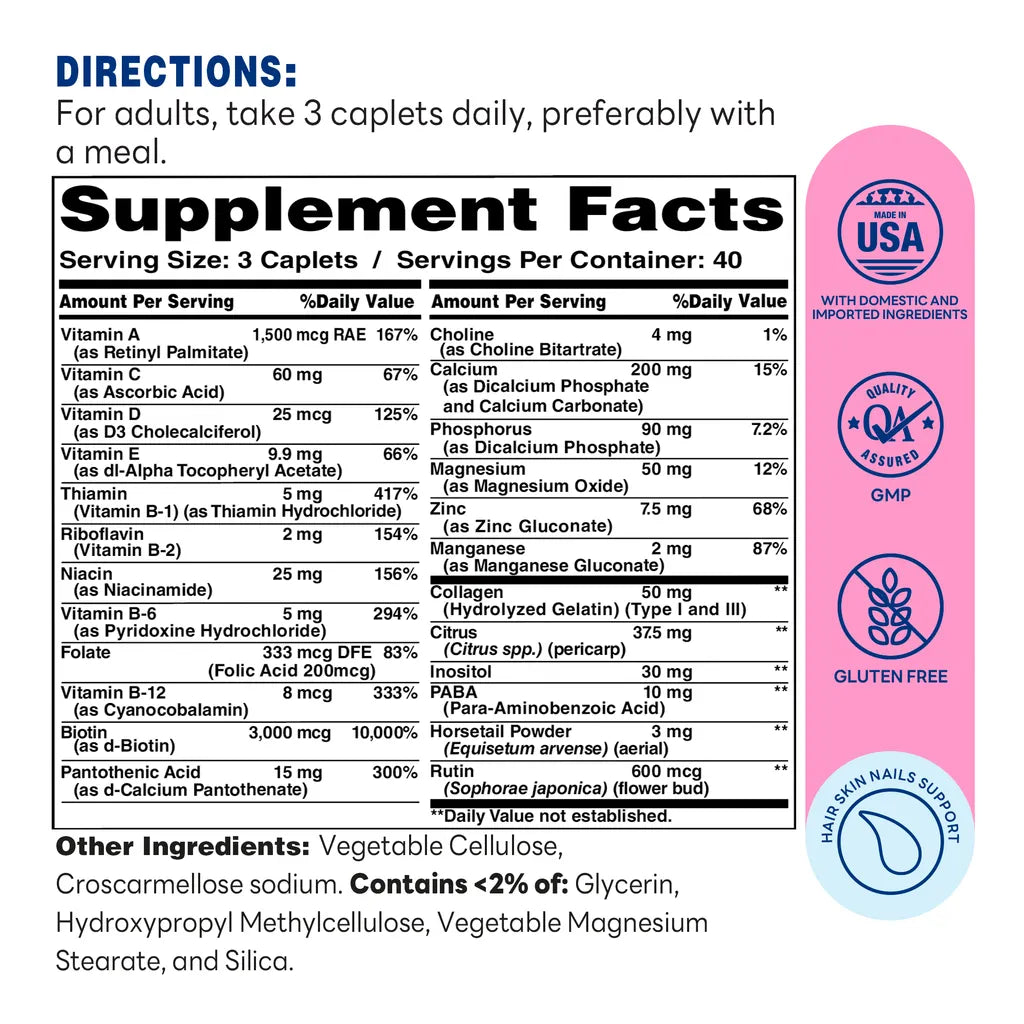 Hair, Skin & Nails  Type I & II Collagen 120ct Caplets – Supplement Facts