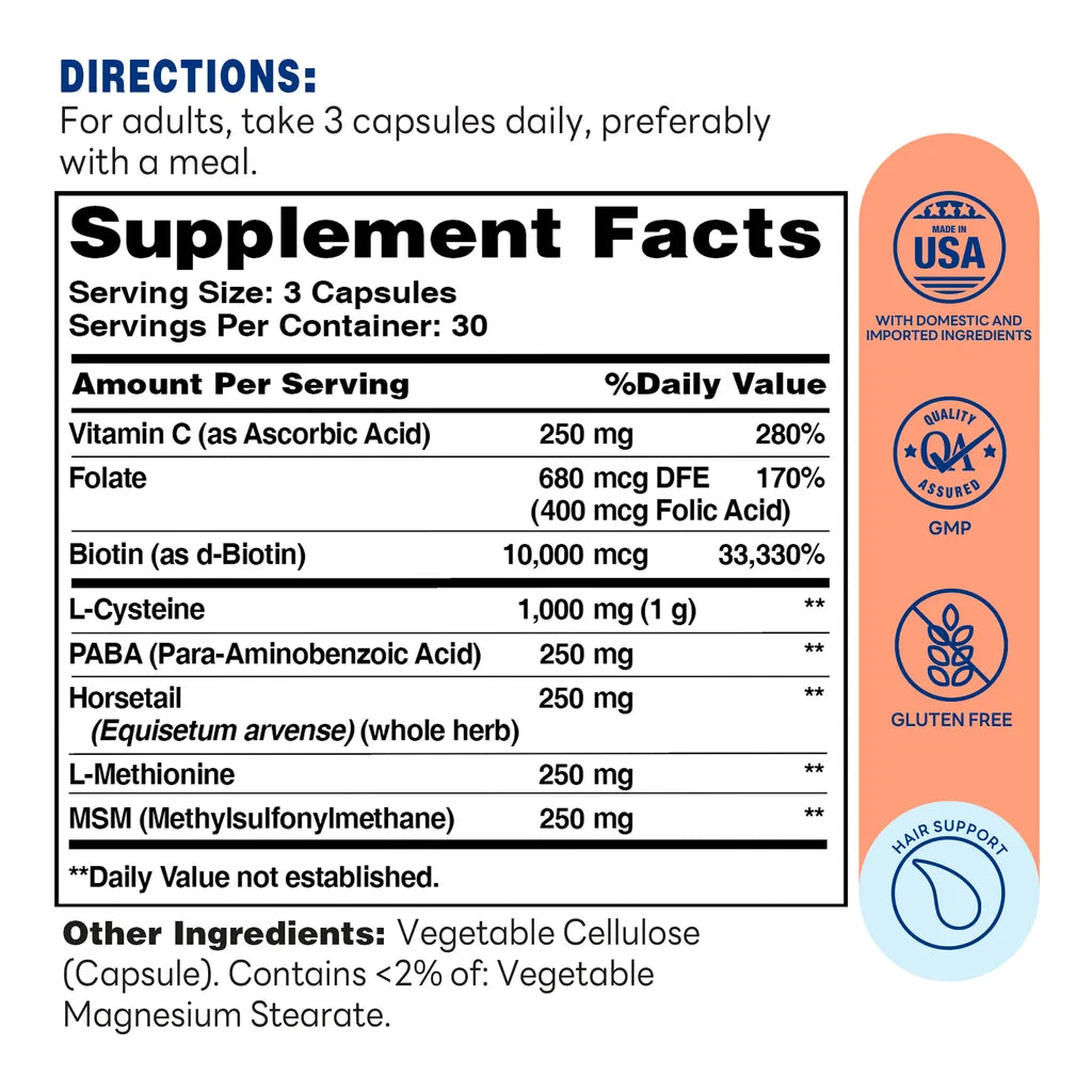 Healthy Hair Formula 10,000mcg 90ct Capsules – Supplement Facts