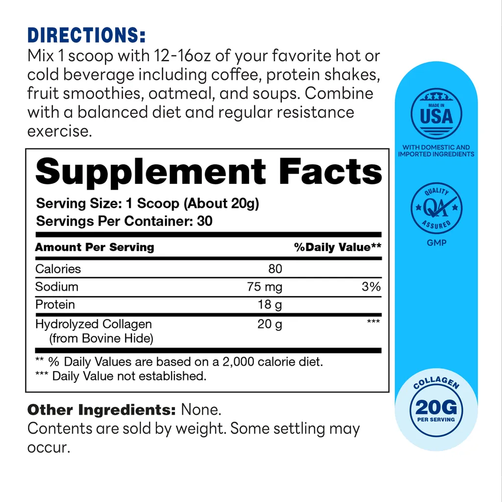 Grass-Fed Collagen Peptides 600g Powder Unflavored – Supplement Facts