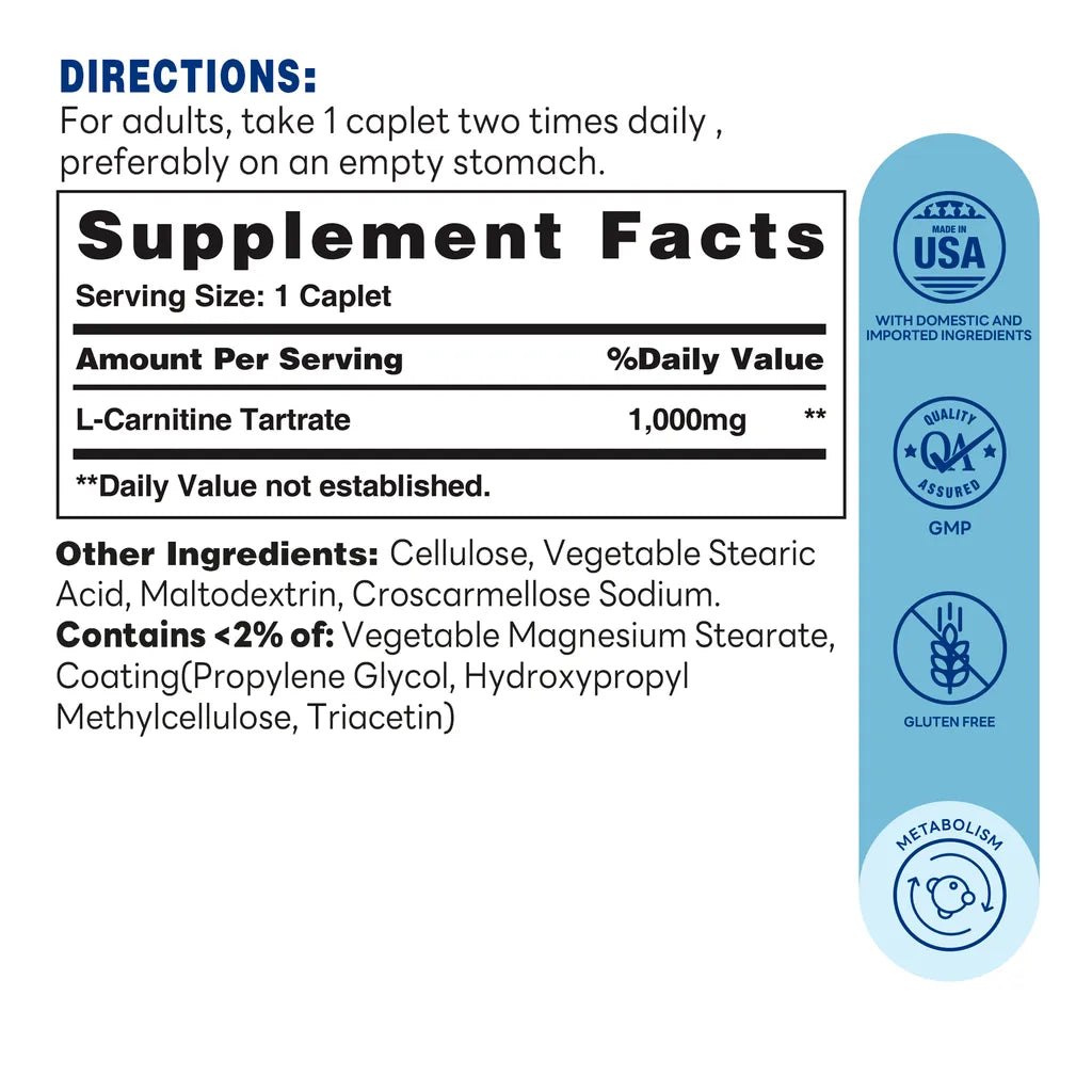 L-Carnitine Tartrate 1000mg 90ct Caplets – Supplement Facts