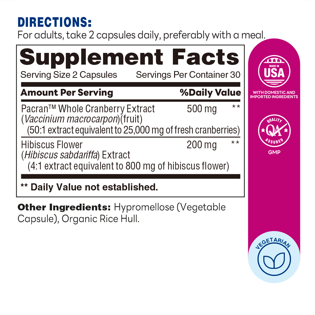 Urinary Health with Whole Cranberries & Hibiscus 60ct Capsules – Supplement Facts